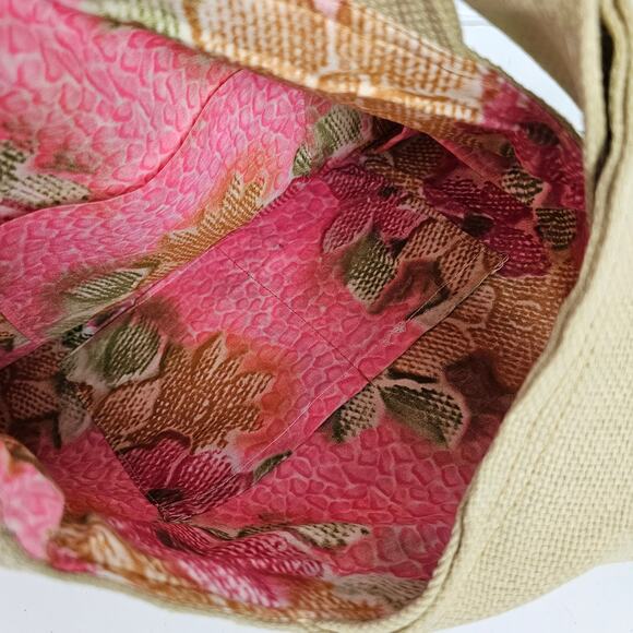 Vintage 70s beige hopsacking retro tote bag purse with felt flowers - Picture 5 of 11